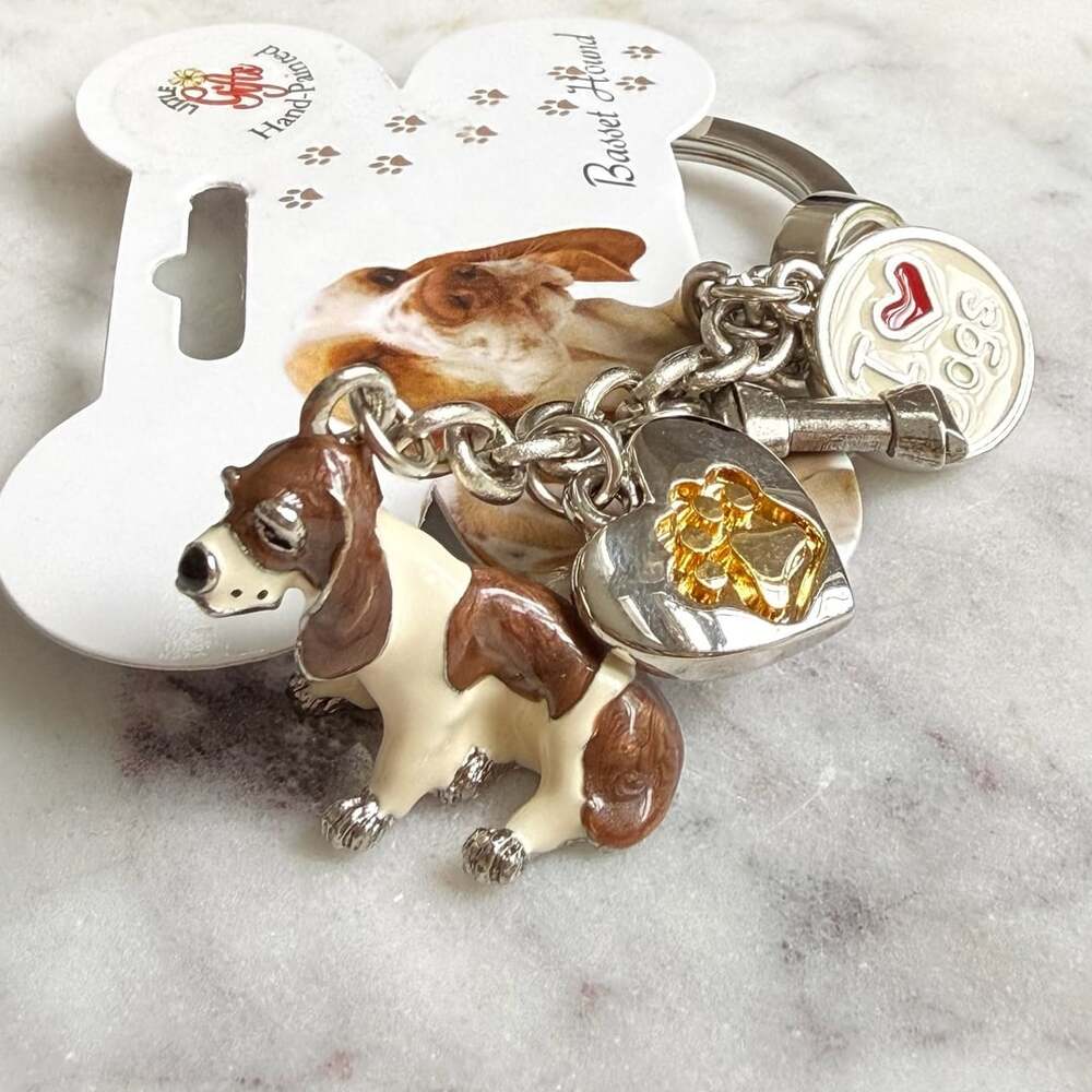 Little Gifts Basset Hound Hand-Painted Dog Keychain with Paw Print Heart and I L